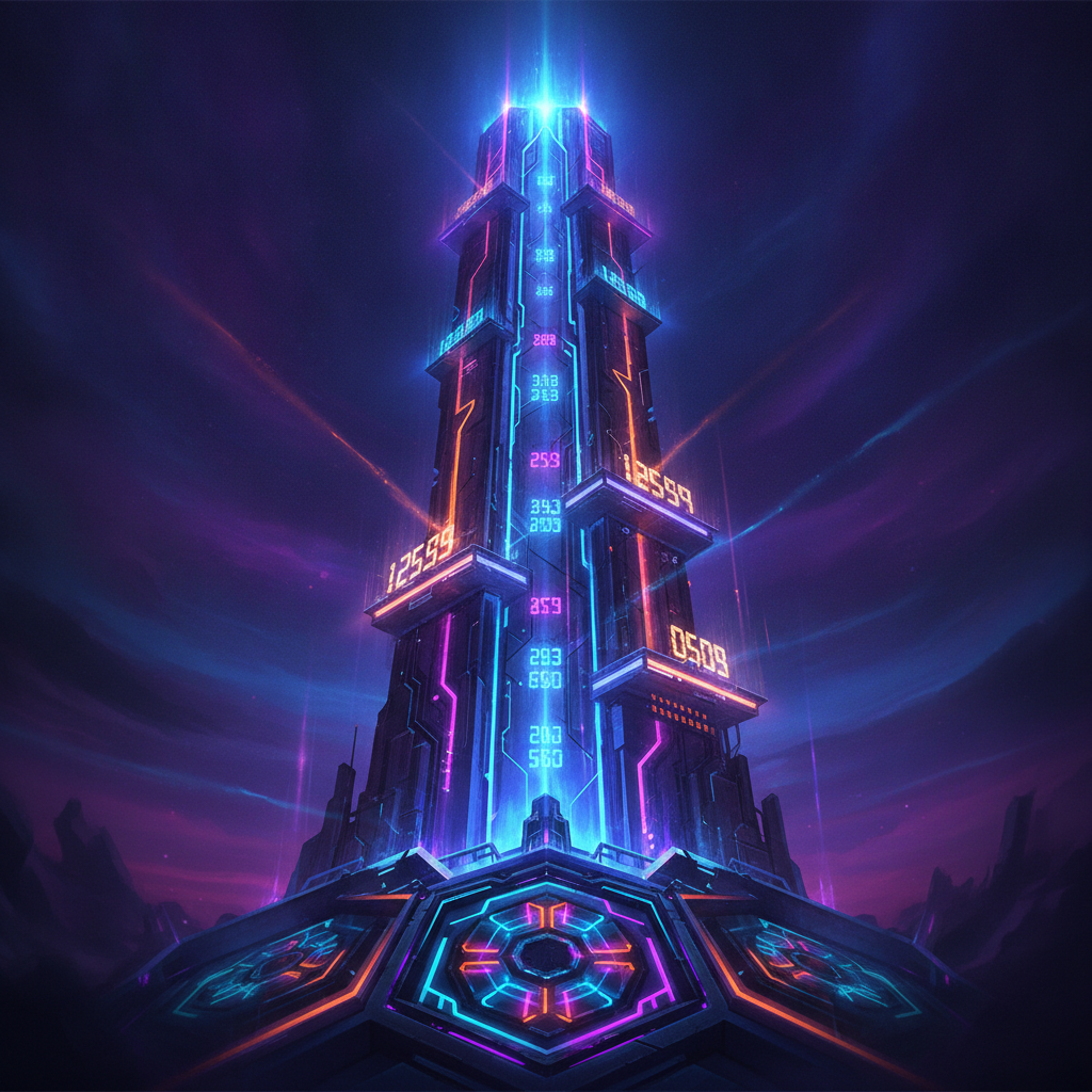 Tower Rush slot machine con torre verticale illuminata da neon, moltiplicatori progressivi e meccaniche di gioco strategiche in stile cyber futuristico